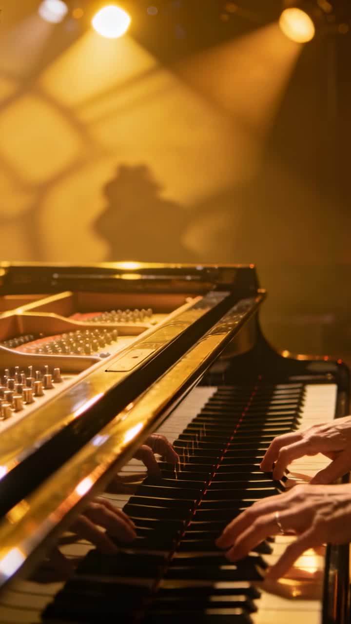 Mani di pianista che suonano e si muovono sulla tastiera del pianoforte sul palco, con corde a coperchio aperto e maniche scure.