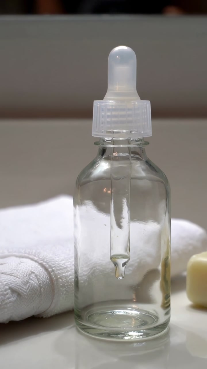 Vertical video: Lighting dropper holding droplet above mouth on sink for skincare, with towel, balm