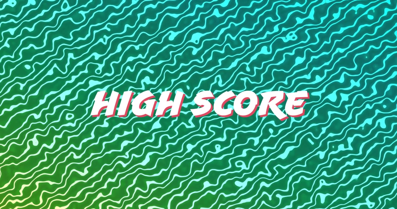 Diagonální černý pruh přejíždějící přes plochý vlnitý gradient, odhalující název High Score pro branding.