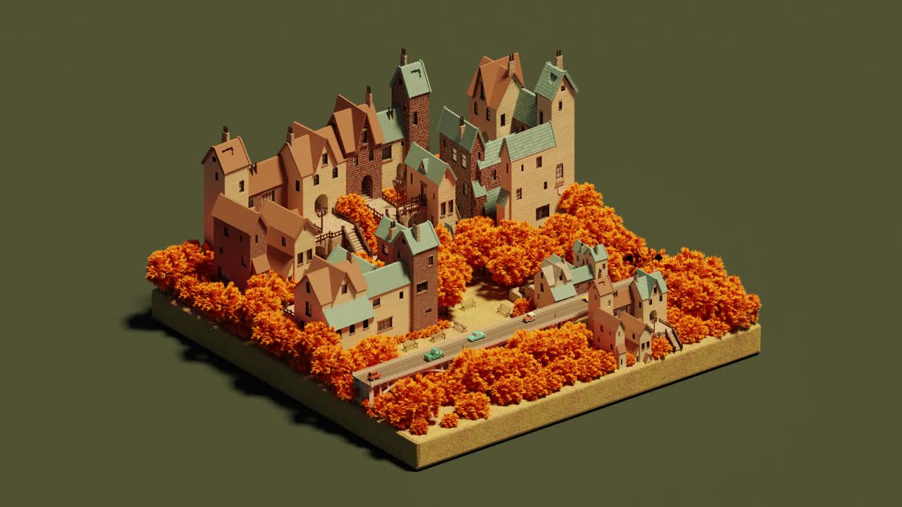 Model of multiple storied isometric buildings in autumn park in daylight. 3d loop isometric view
