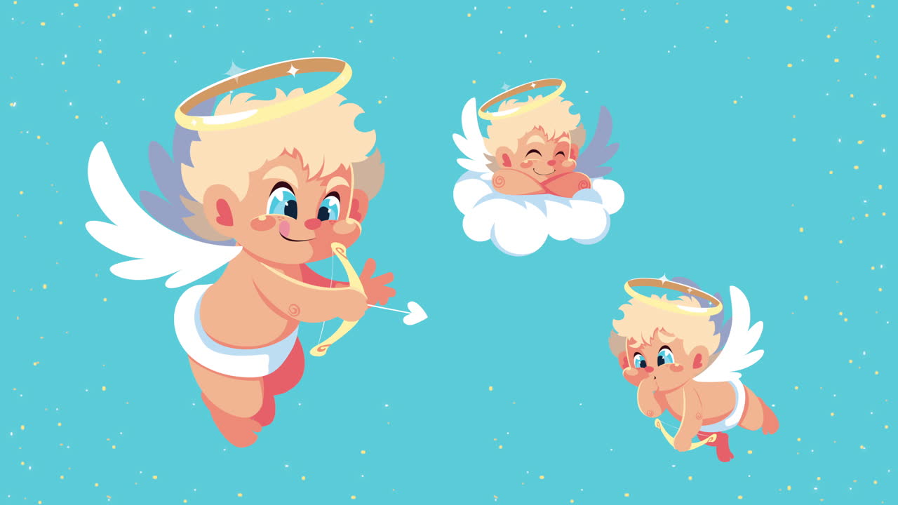 feliz tarjeta de día de san valentín con ángeles volando en el cielo