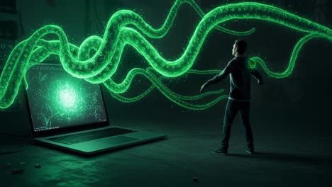 visual exploration of fantasy with glowing tentacles emerging from a laptop in a dark urban environment