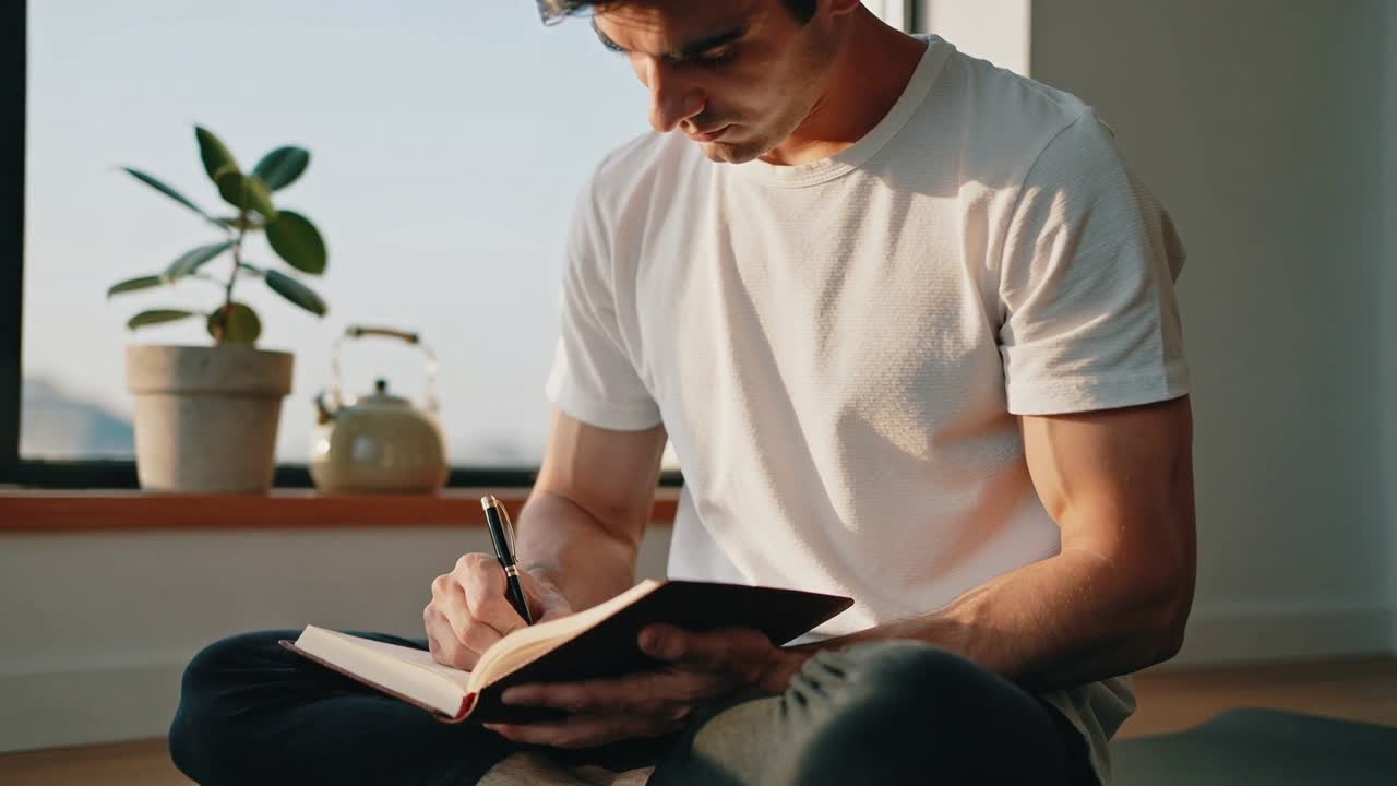 Scanning page, man in white T-shirt taking notes in notebook by large window, pen, plant, kettle