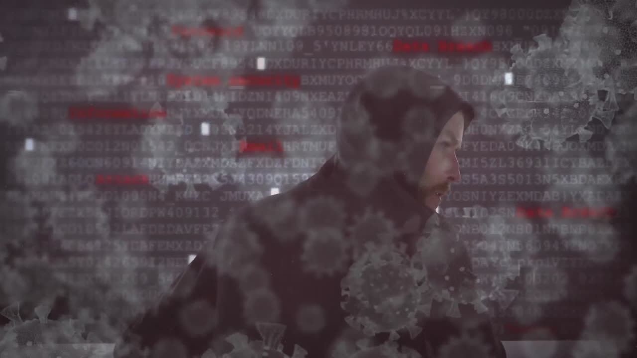 매크로 코로나바이러스 코로나19 세포가 해커 후드 옷을 입은 남자에게 퍼지는 애니메이션