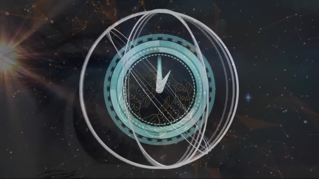 animación de formas abstractas que giran sobre el reloj de neón contra formas geométricas púrpuras.