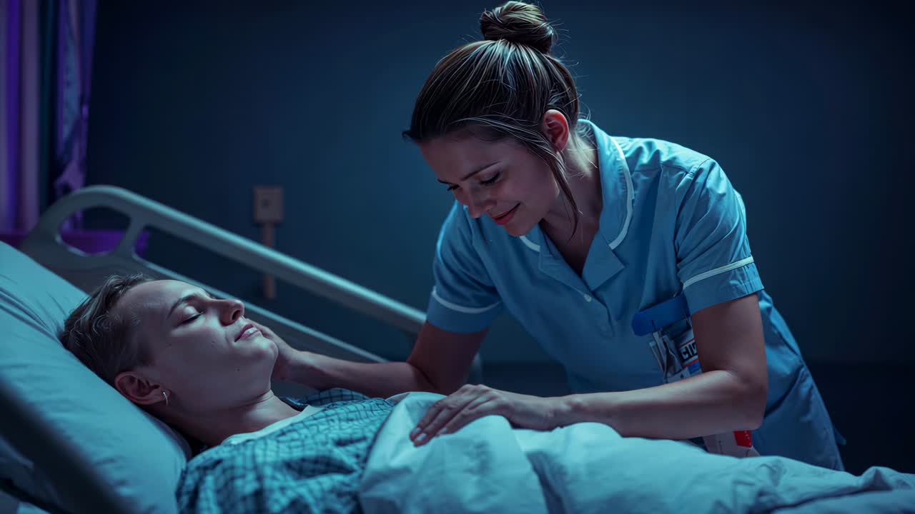 Inquadratura di un'infermiera in camice blu che controlla che un paziente sia a suo agio, china sul suo letto in corsia mentre sistema la coperta