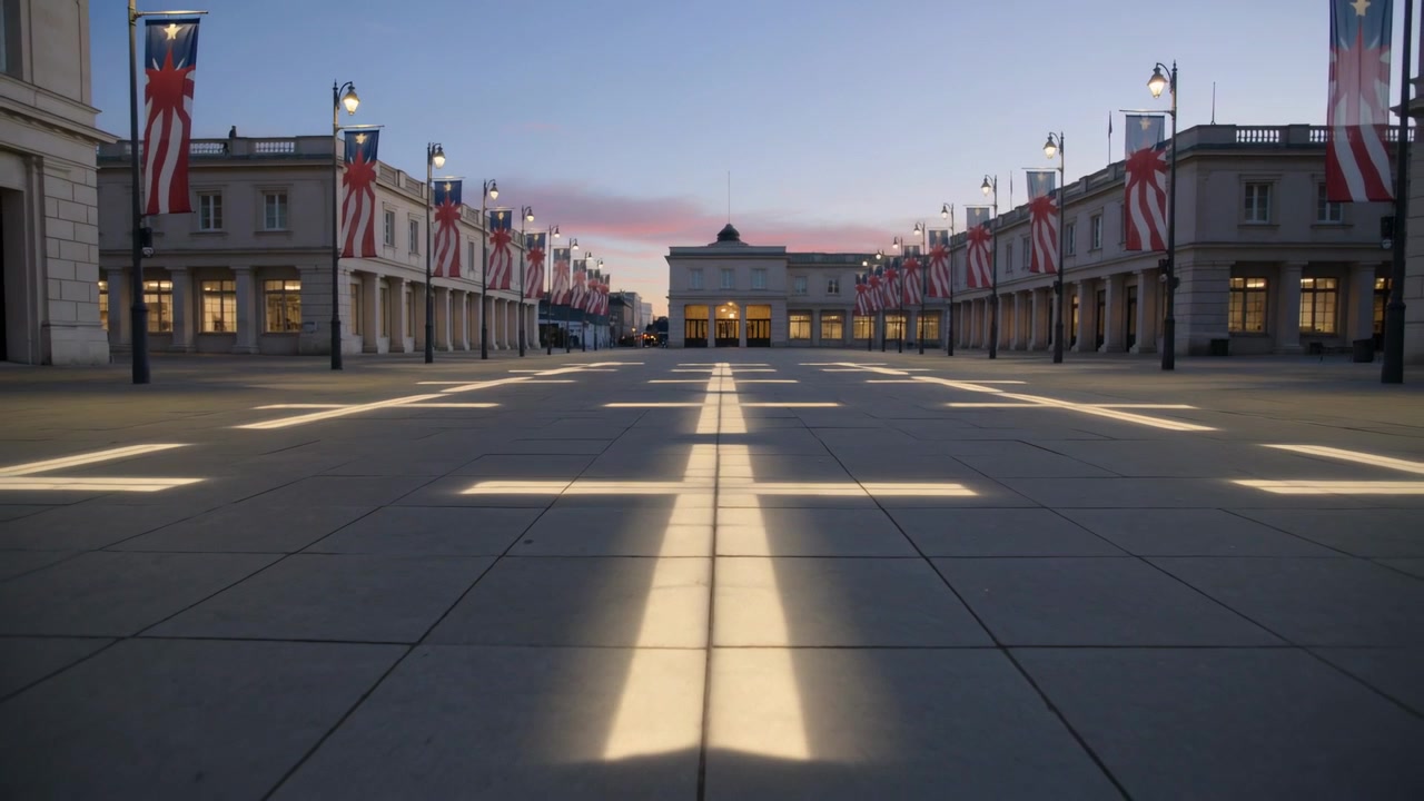 Allumant des lumières encastrées au crépuscule, projetant des croix chaudes sur des dalles de place carrées, soulignant l'axe