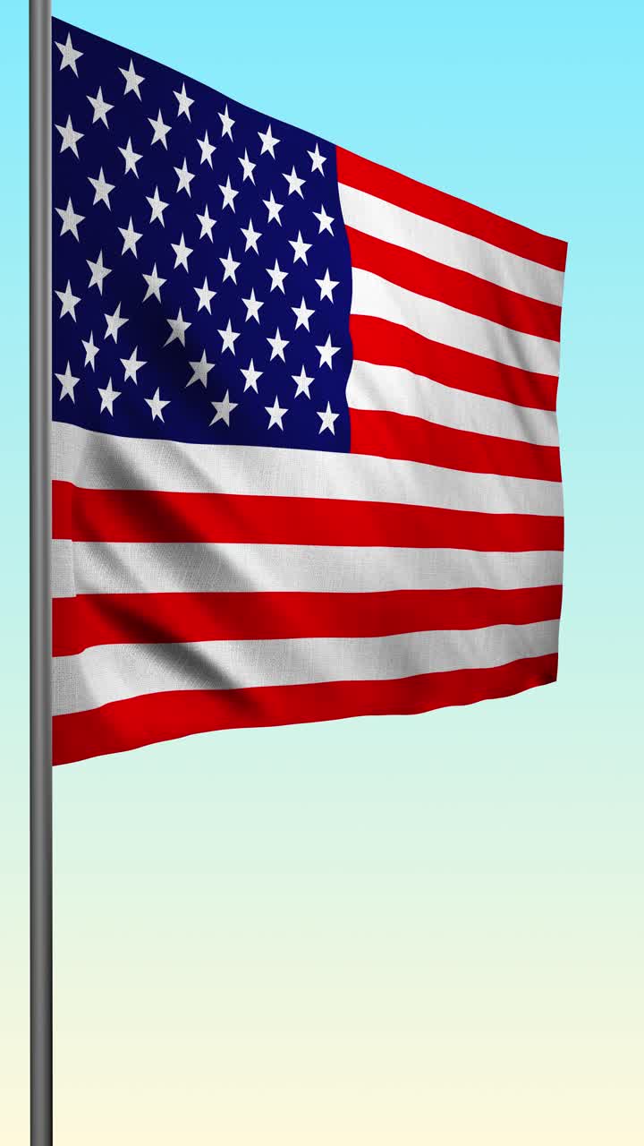 Vertikalt portræt af amerikansk flag, der vajer på en flagstang mod en mørk, stormfuld blå himmel. Høj kvalitet 4K sømløs loop-animation til mobil