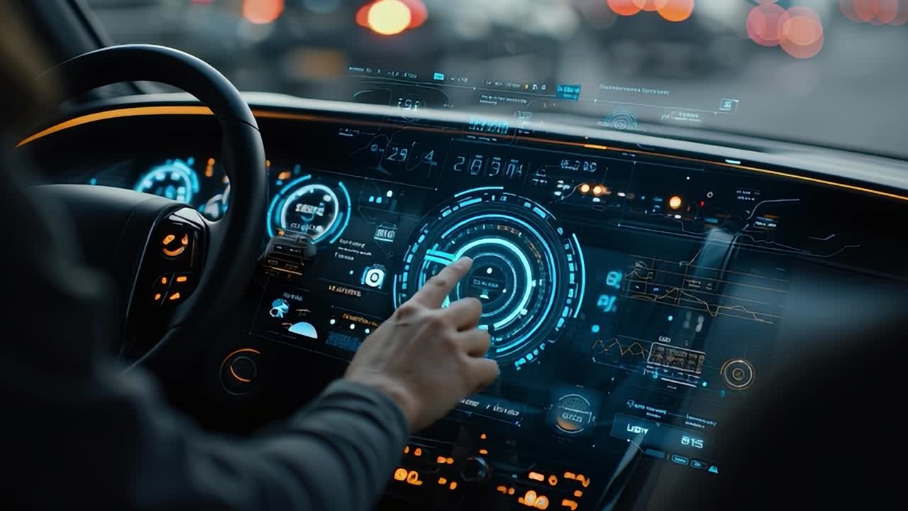 Tecnologia innovativa in un moderno abitacolo di veicolo durante la guida notturna.