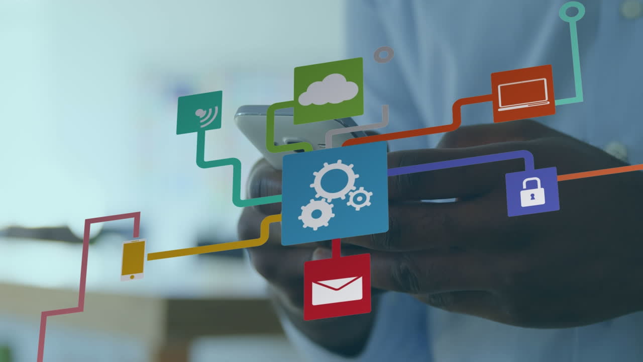 Animation of network of digital icons over african american man using smartphone