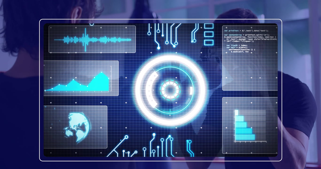 Animation of scope scanning over data processing on black background