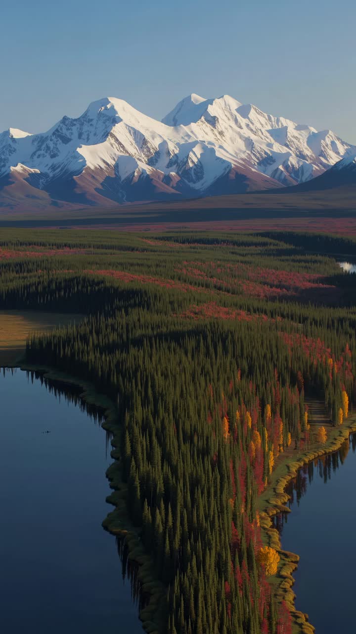 Vista aerea di una vivace foresta autunnale con montagne innevate sullo sfondo
