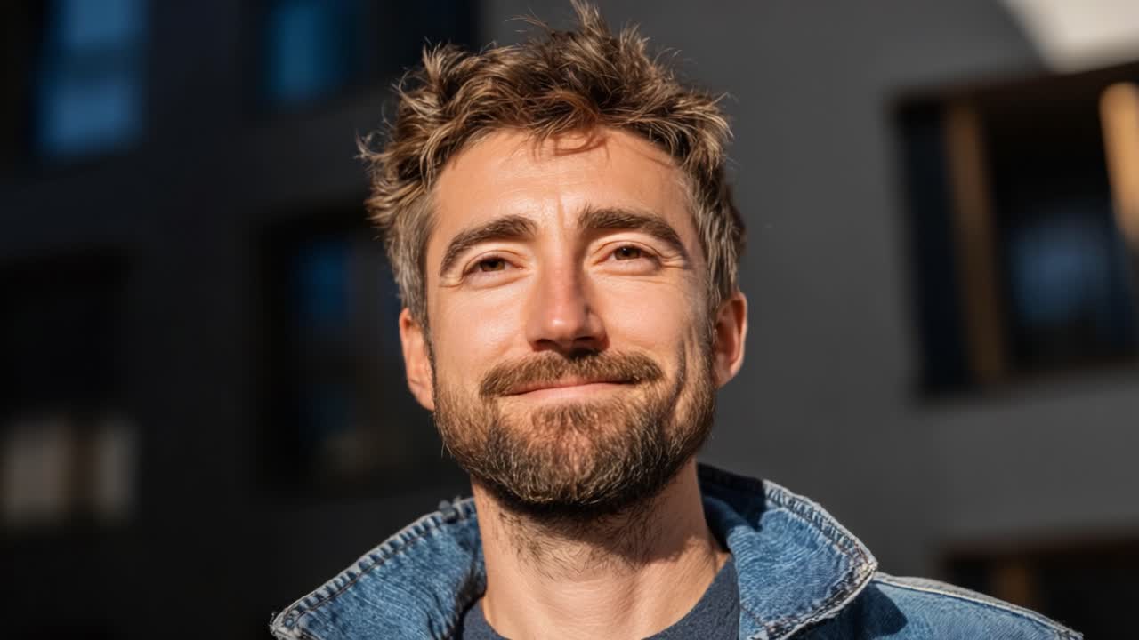 En mann som nyter solens varme med lukkede øyne og et fredfullt smil, som viser et øyeblikk med glede og avslapning i et lyst bymiljø