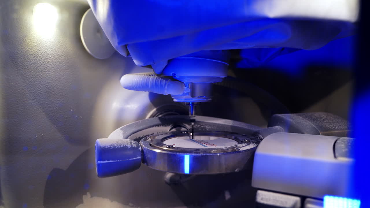 Automated dental machine. Highly productive automated dental milling machine working. Close-up.