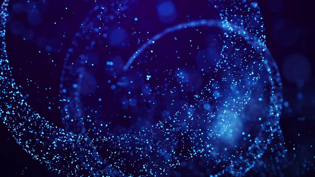 파란 빛의 입자가 보케와 함께 적적한 액체에 떠 있습니다. 빛의 마법의 반이는 추상적인 나선형 구조를 형성합니다. 축제 행사를 위해 4k에서 환상적인 배경. 알파 채널로 루마 매트.