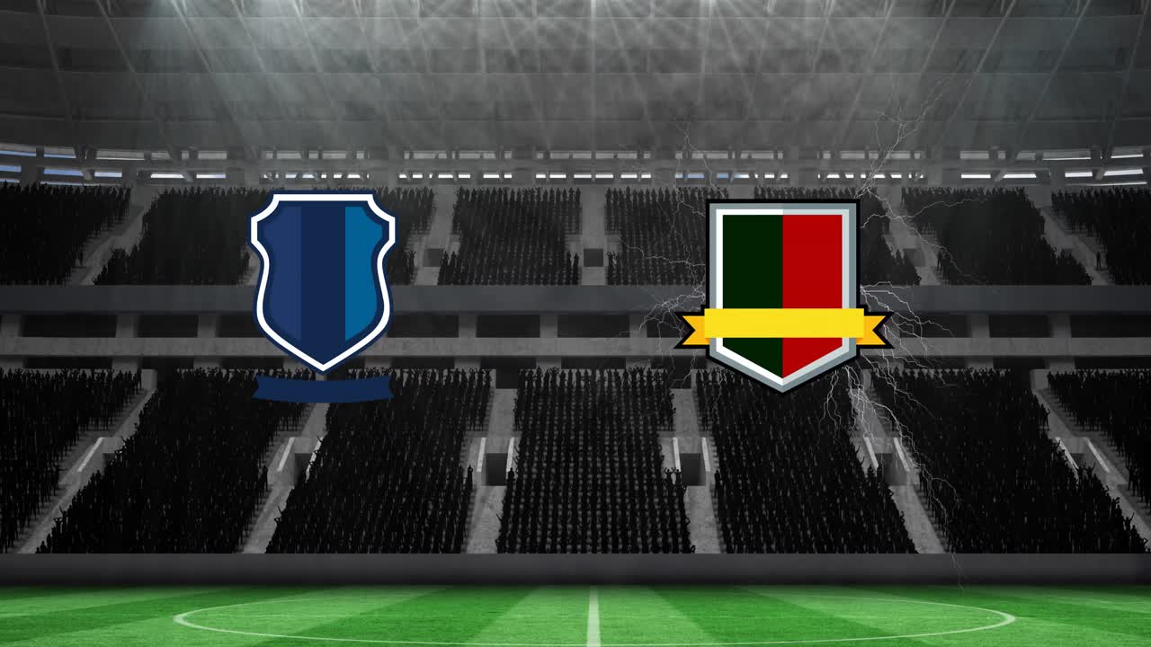 Animation of two team emblems over sports stadium
