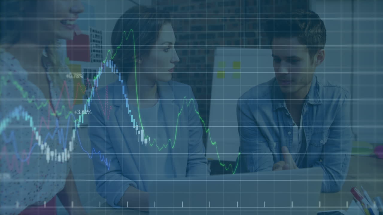 Animation of financial data processing against diverse colleagues discussing over a laptop at office