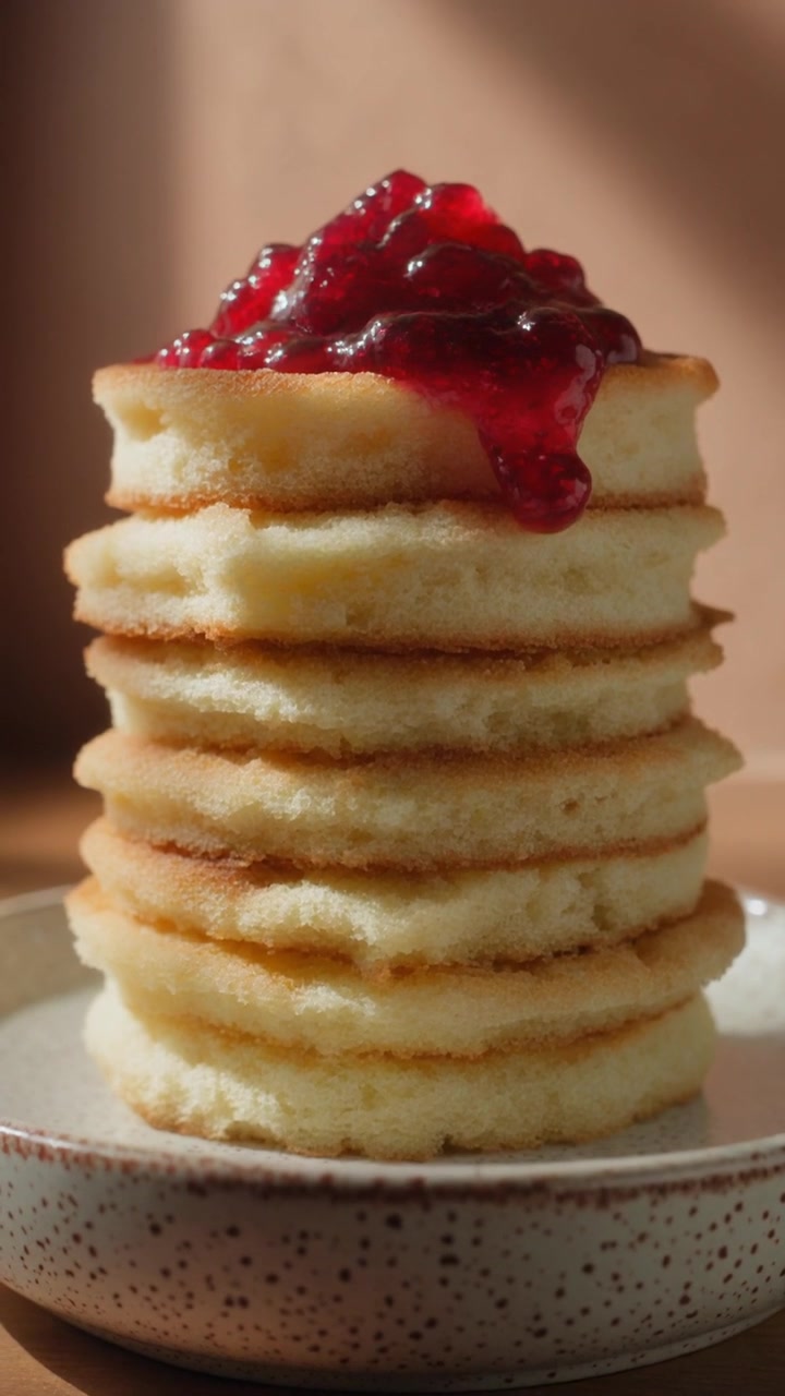 Stack of Fluffy Pancakes Topped with Red Berry Jam