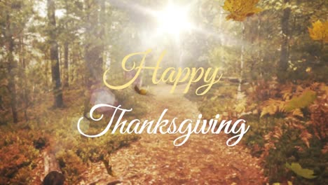 Animation-of-happy-thanksgiving-text,-autumn-leaves-falling-over-sun-shining-through-trees-in-park