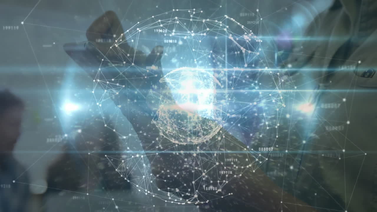 team interacting with holographic network orb in technology office, with orbiting data streams