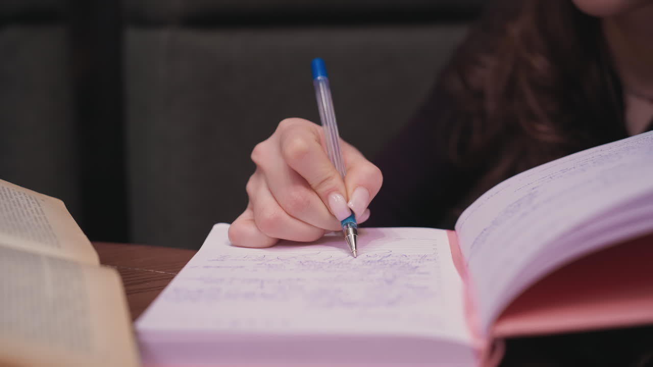 Close up of female hand holding pen writing in pink notebook filled with text while brown book lies open on wooden table, creating focused workspace scene filled with detail and calm ambiance