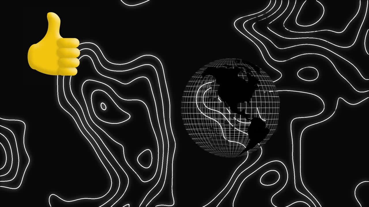 animación del icono de las redes sociales que cae sobre las líneas blancas en movimiento y el globo giratorio