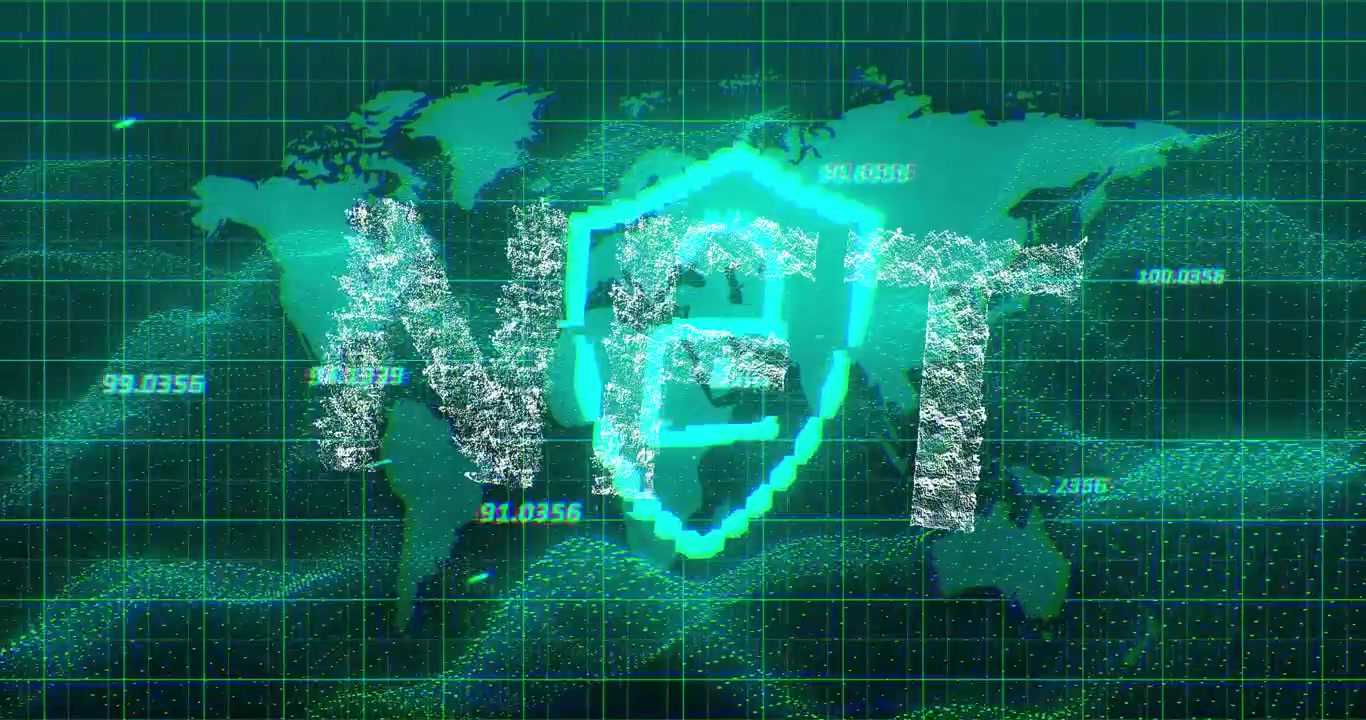 Contorno di scudo pulsante che genera particelle che convergono nel testo NFT, mostrando la sicurezza della blockchain