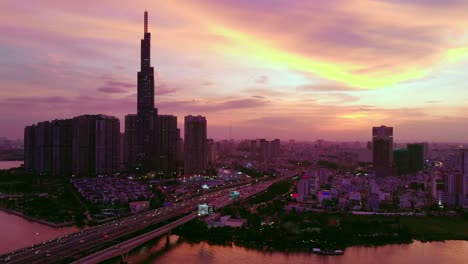 cinematic vivid sky behind city skyline of ho chi minh city