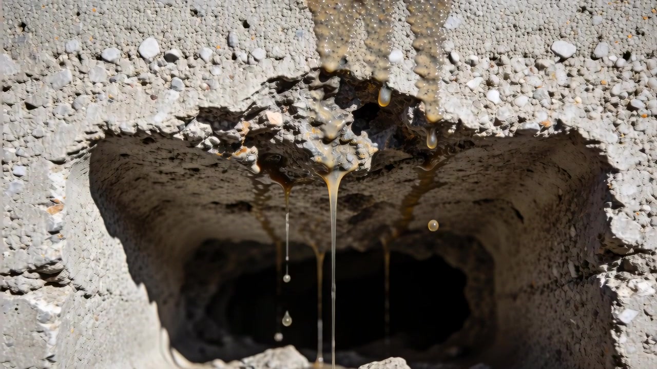 Fluido marrone che fuoriesce da una cavità rettangolare, formando e facendo cadere goccioline che si raccolgono su un blocco di cemento.