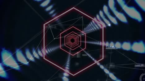 Animation-of-neon-hexagons-with-rows-of-glowing-lights-and-network-of-connections