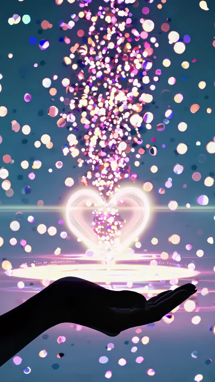 A mystical video concept with a hand in the foreground releasing glowing heart-shaped particles