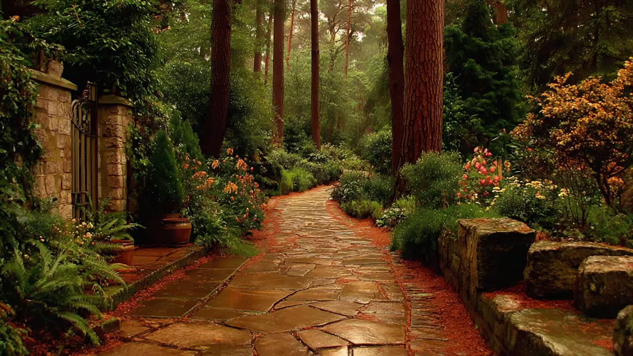 A Serene Pathway Through a Lush Garden Surrounded by Majestic Trees and Vibrant Flowers, Captured in a Tranquil Moment of Nature's Beauty