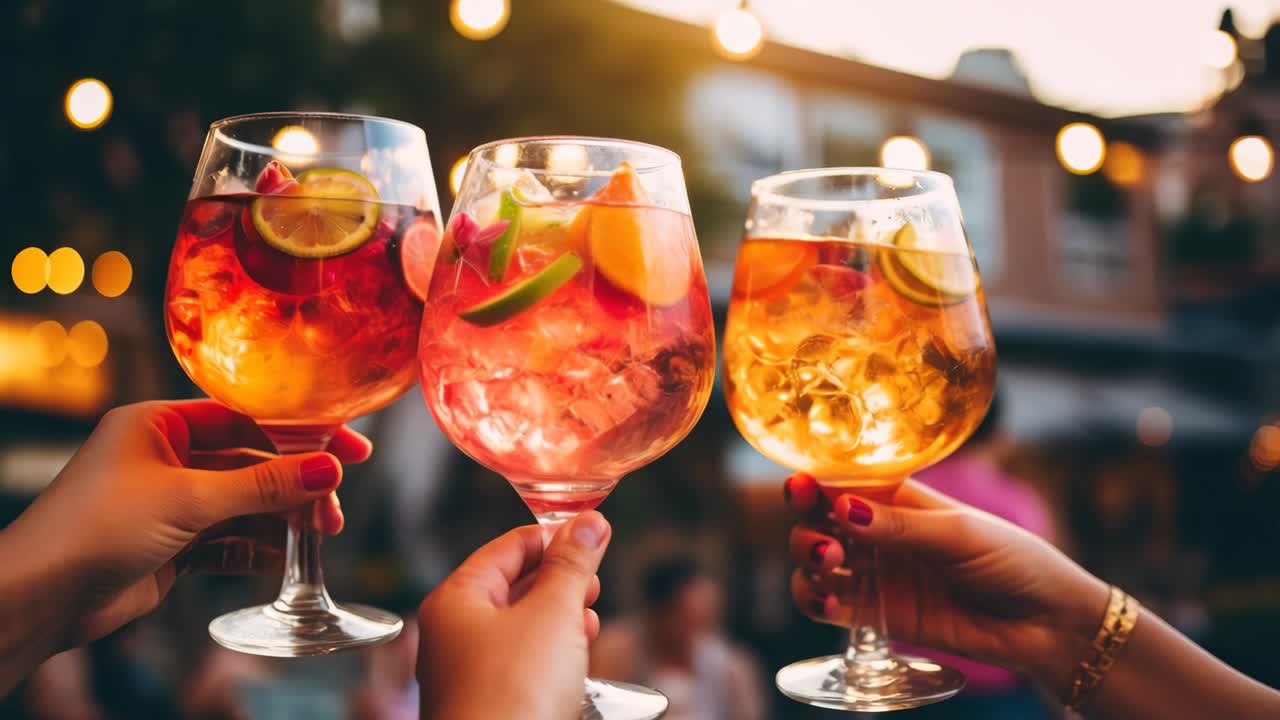 Un vivace primo piano video di tre mani che brindano con cocktail colorati, che cattura un'atmosfera festosa