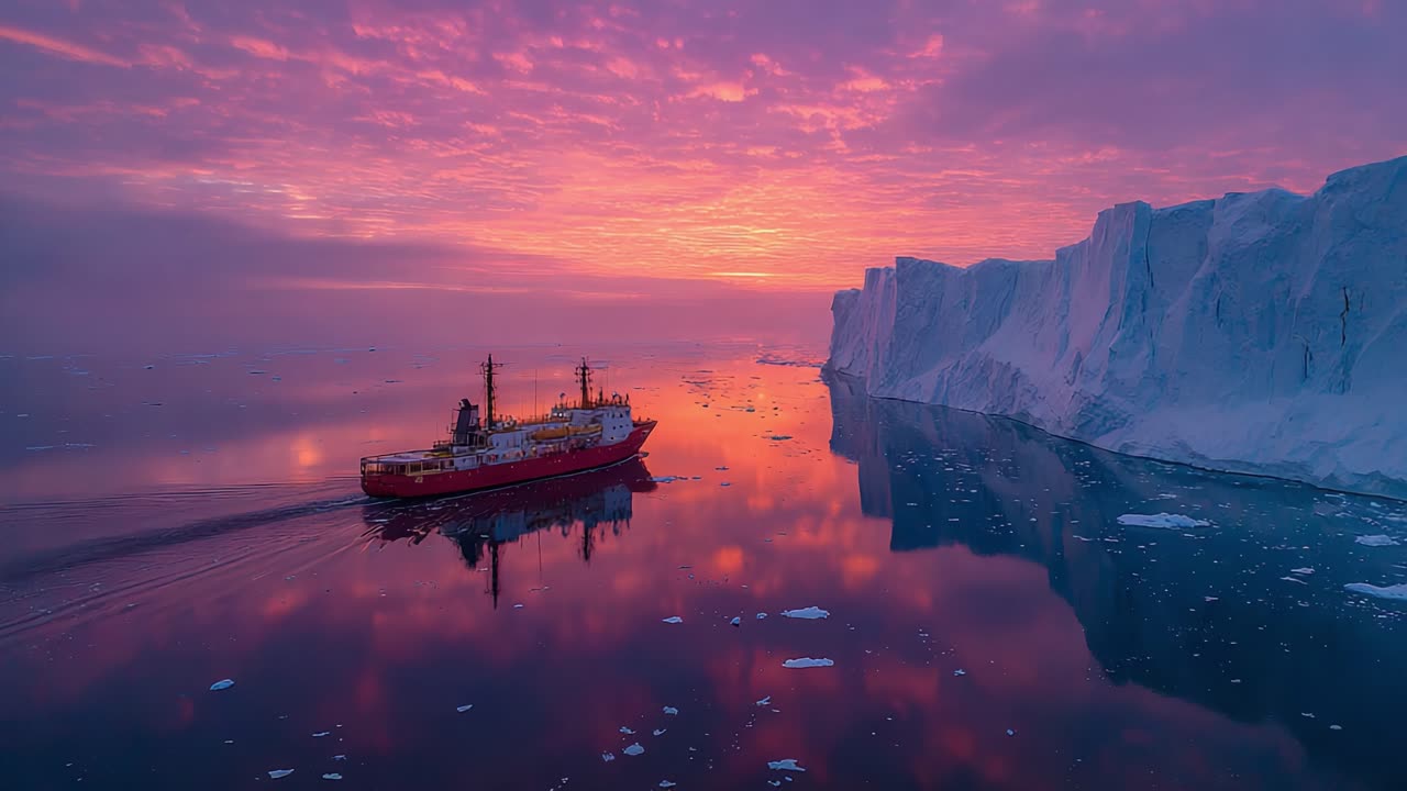 A Majestic Journey Through Tranquil Waters: A Vibrant Sunrise Over Icebergs with a Ship Sailing in a Beautifully Colored Arctic Landscape