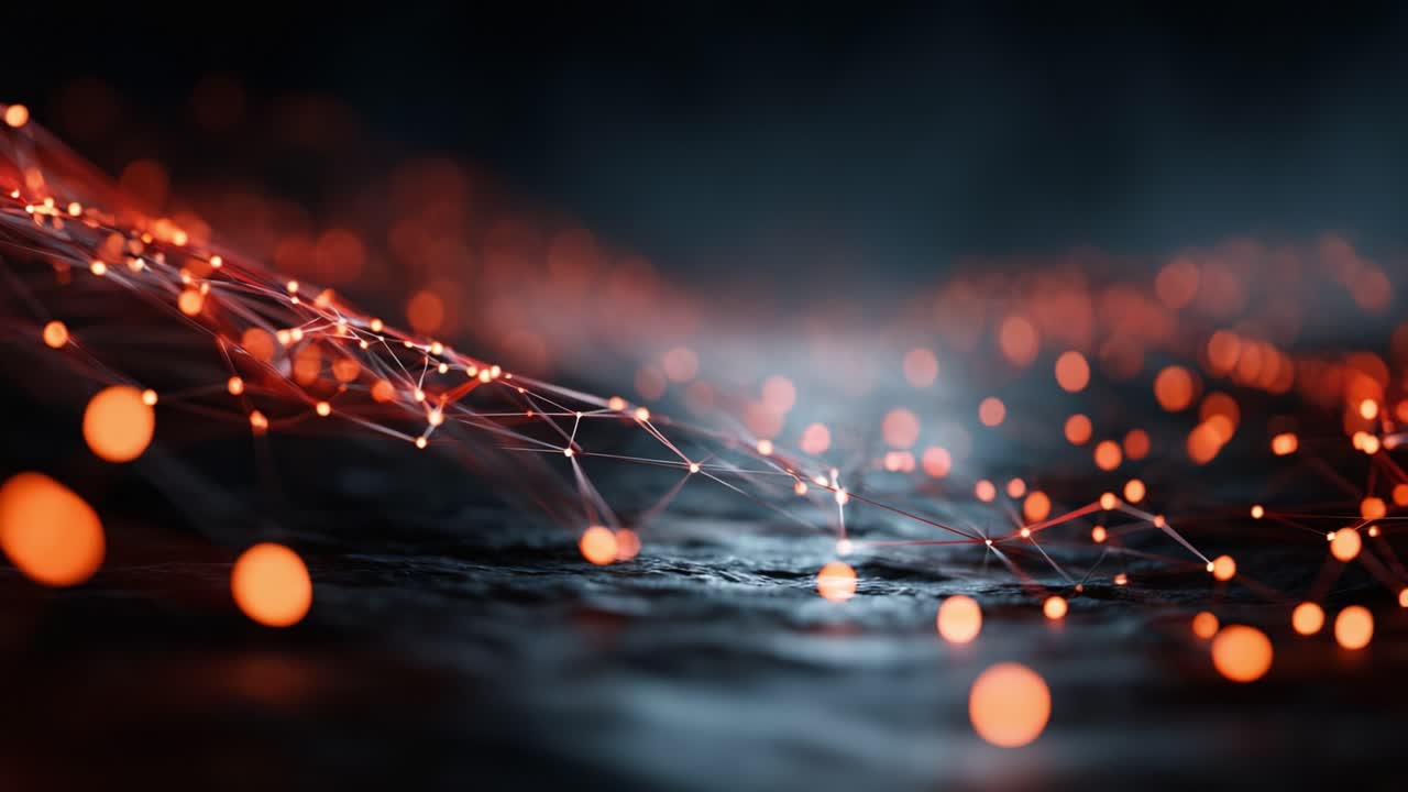Una serie ipnotica di nodi interconnessi illuminati da sfere luminose, che crea un'esperienza visiva dinamica di profondità e movimento in un ambiente scuro