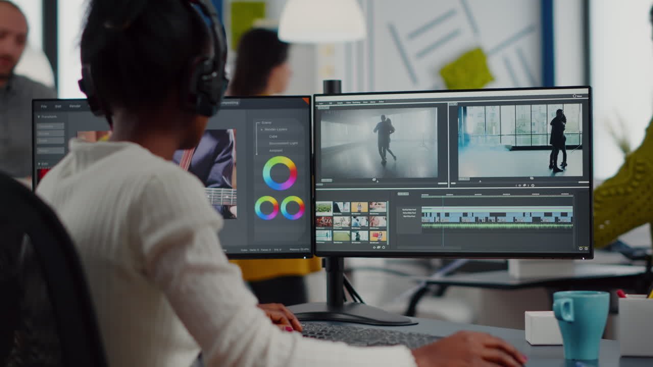 editor de video africano trabajando con imágenes y sonido