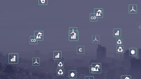 animation of icons over cityscape