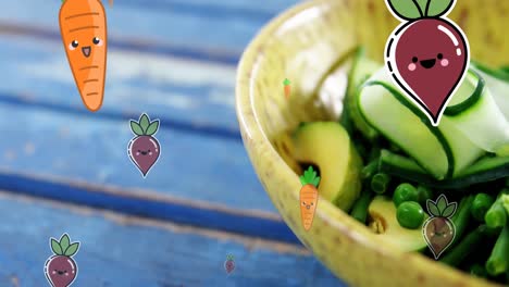animación de iconos de zanahoria y remolacha cayendo sobre un cuenco de ensalada de frutas en una mesa de madera azul.