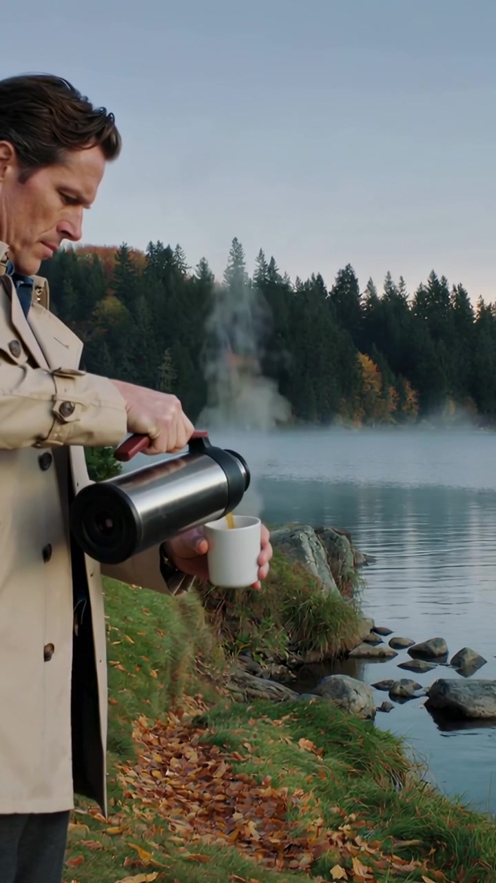 Video verticale: Uomo in cappotto che versa da un thermos inclinato al lago all'alba, con una tazza che gli scalda le mani, e spazio per il testo.