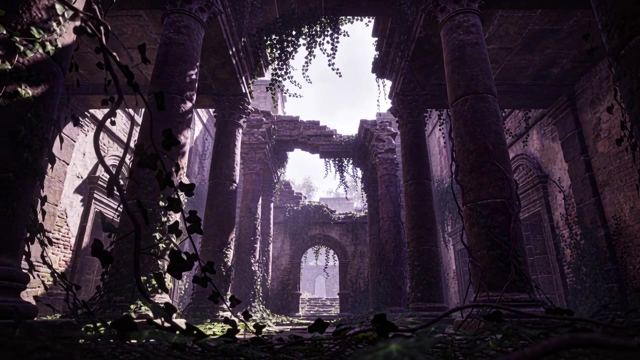 Pilastri in rovina incorniciano un arco centrale all'interno di un tempio, con le inquadrature che avanzano mostrando viti e detriti.