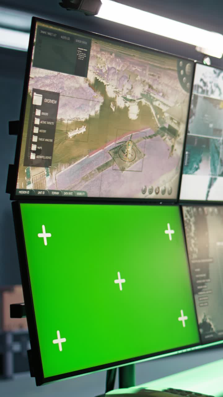 Video verticale. Soldato in una base del quartier generale militare che utilizza attrezzatura per green screen