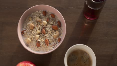 flat lay of healthy breakfast morning food oatmeal and fruit