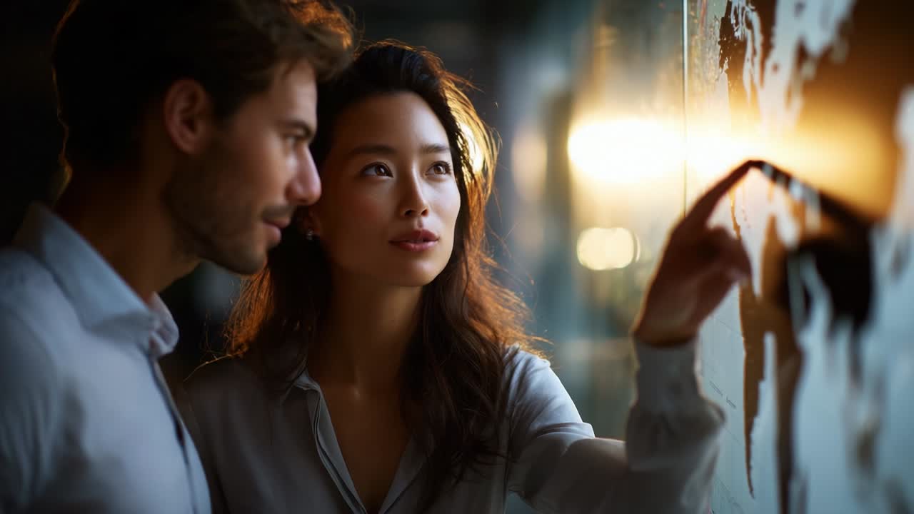 A couple captivated by a mesmerizing map display, sharing a moment of curiosity and discovery, as they explore the intricacies of geography illuminated by soft rays of light against a serene backdrop