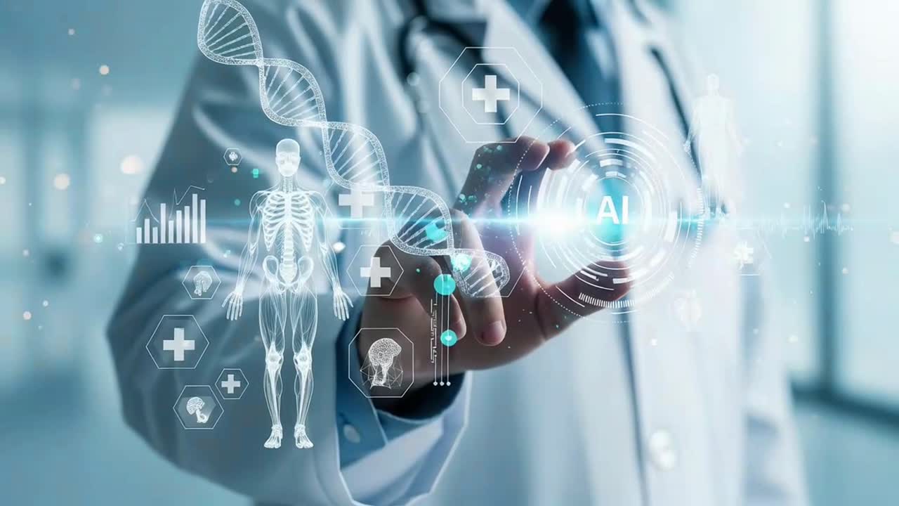 Doctor Using Futuristic AI Technology for Medical Diagnosis and Healthcare Innovation