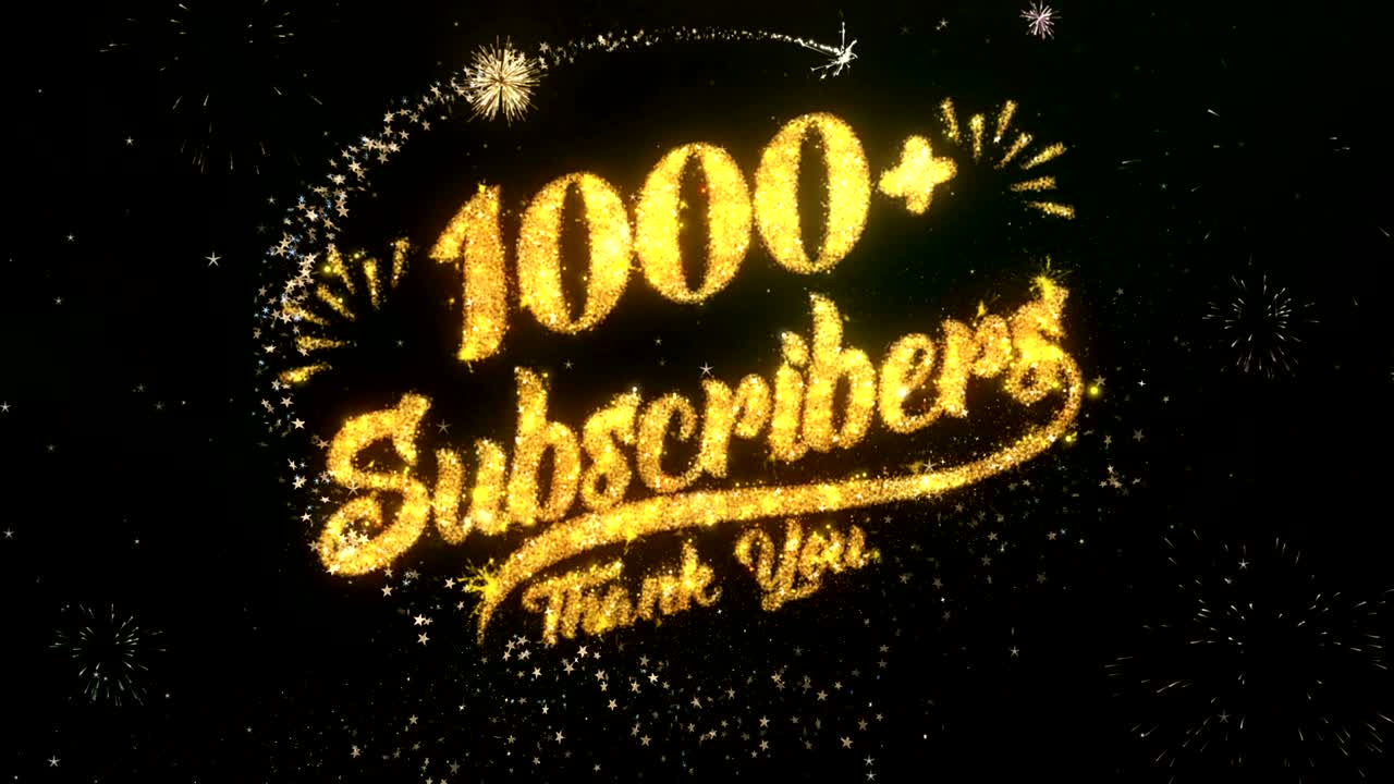 1000 가입자 인사 및 소원 카드는 반이는 입자 및 반이는 빛의 어두운 밤 하늘과 다채로운 불꽃놀이 4k 배경으로 만들어졌습니다.