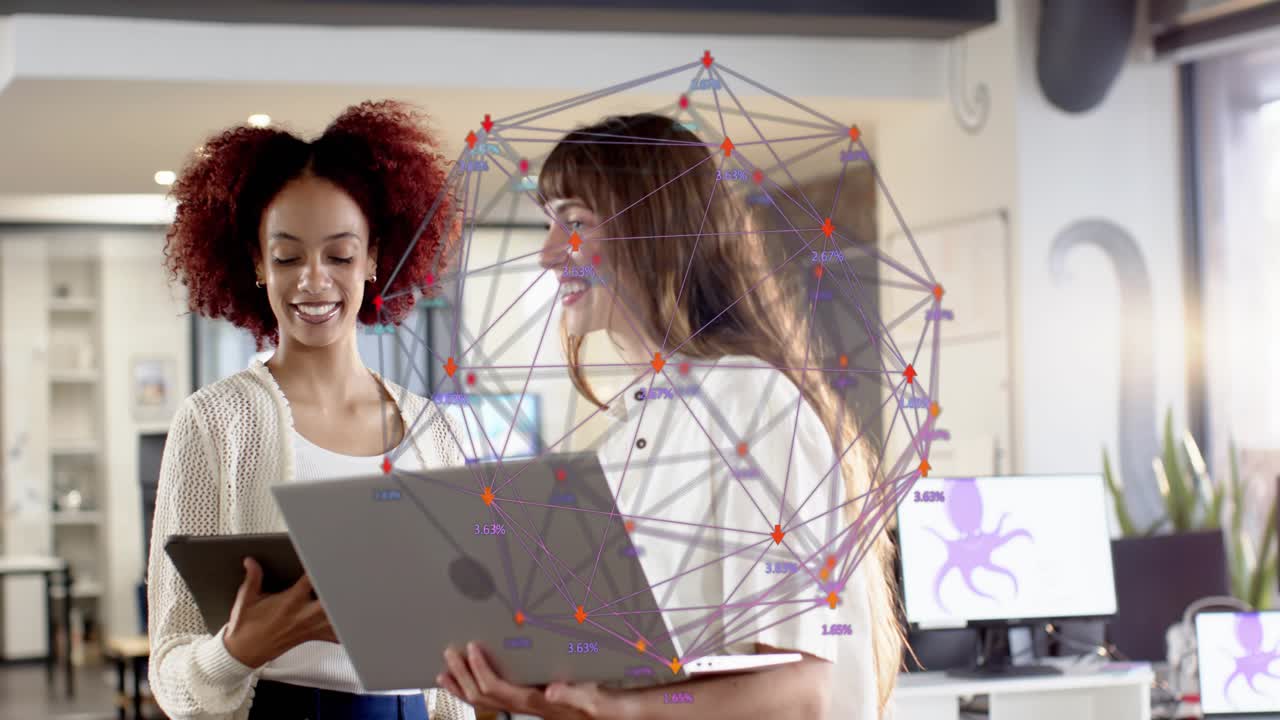 Two women angling laptop toward peer summoning holo network sphere over devices reviewing tech data