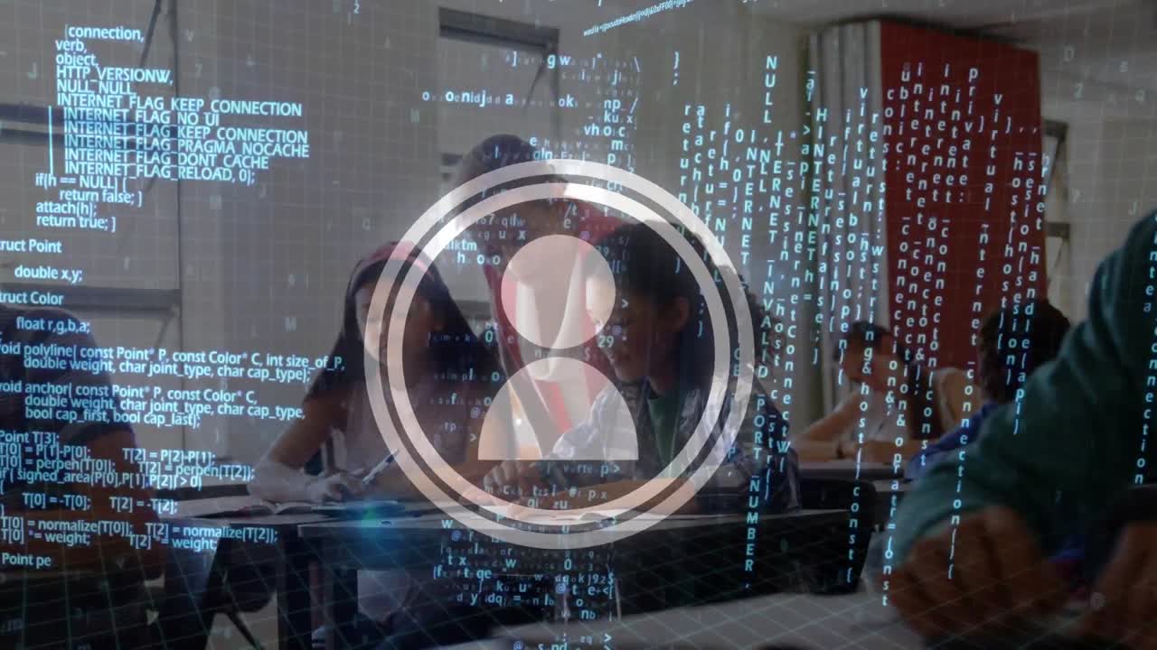 animación del procesamiento de datos sobre un maestro caucásico que enseña a dos niñas diversas en la escuela