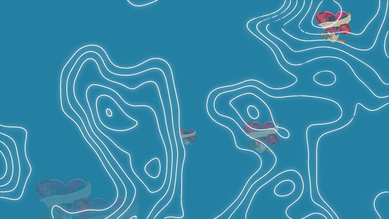 animación de una carta topográfica blanca que se mueve sobre corazones con rosas y llaves, sobre fondo azul