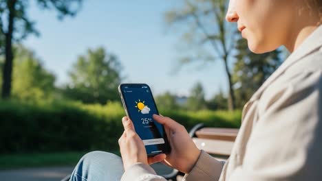 individual checking weather forecast on smartphone while enjoying a sunny day in a park, focused on temperature displayed on screen alongside sunny icons