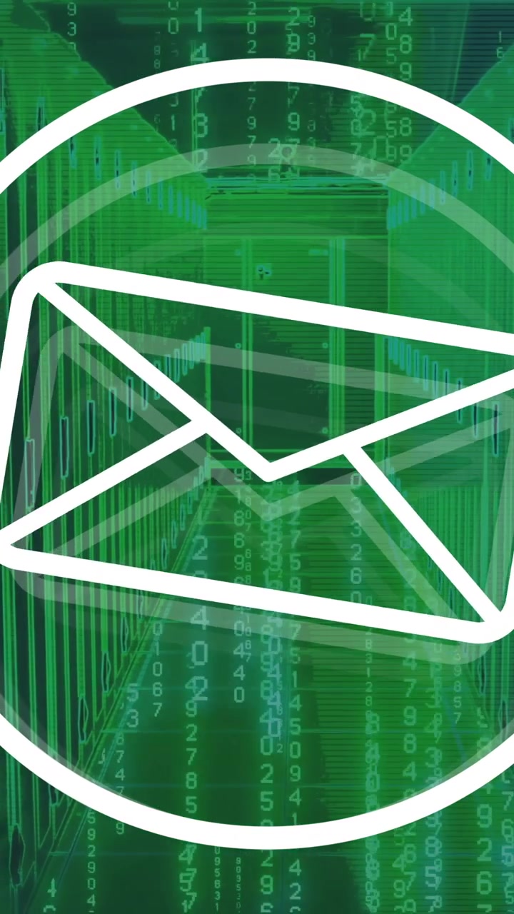 Email icon in animation over digital data stream in green technology setting